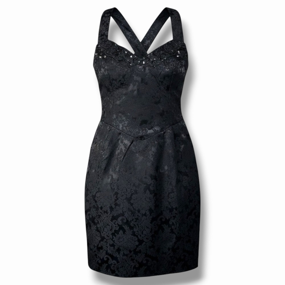 Scott McClintock Petites Black Brocade Cocktail Dress Size 14 Sequin Beaded